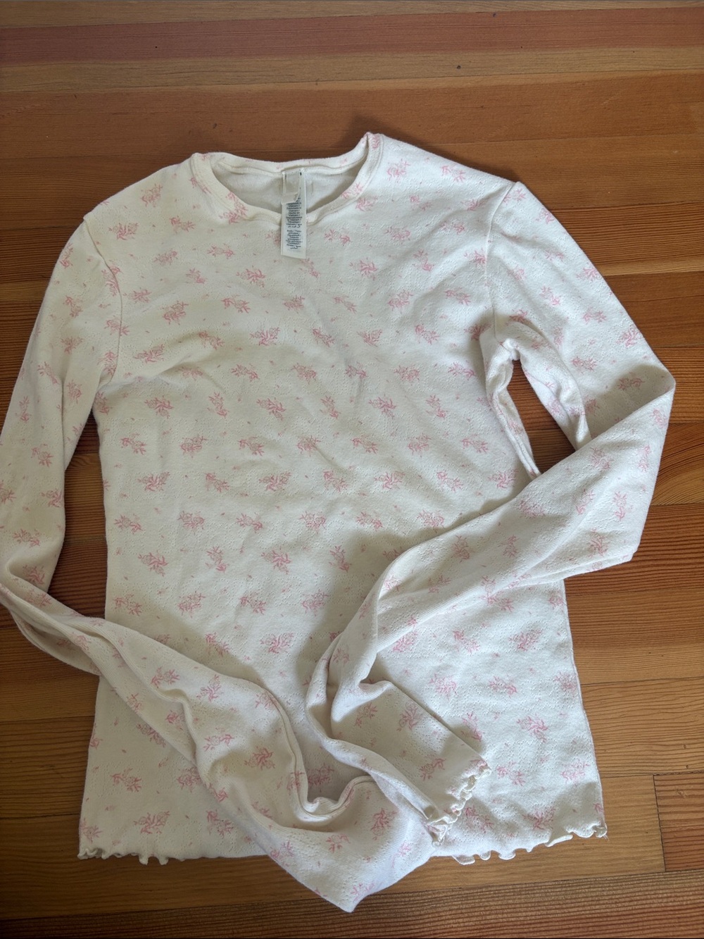 SKIMS Cream Crew Neck Top with Pink Floral Motif
